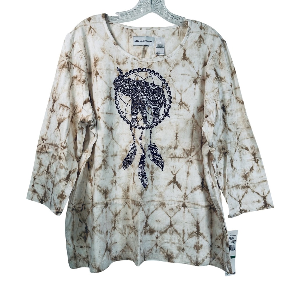 Alfred Dunner Classics Tie Dye Elephant Dreamcatcher Top Brown White Large NWT